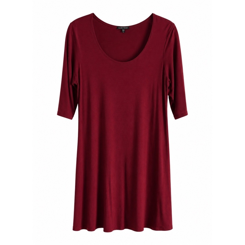 Eileen Fisher Merlot Burgundy Dress Medium 3/4 Sleeve Minimalist Lagenlook Fall